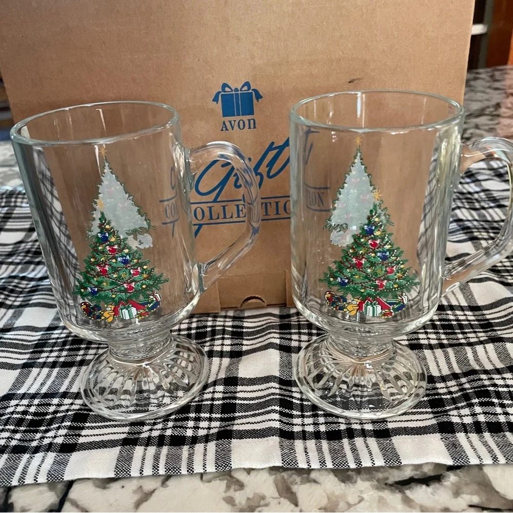 Vintage 1995 Avon Glass Glasses Christmas Irish Coffee Mug Set of 2 BRAND NEW